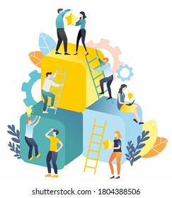 Flat illustration. A group of people goes to the goal. Achieving goal. Way up. Teamwork. Business. Achieving success.