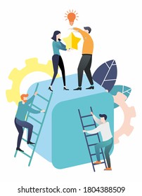 Flat illustration. A group of people goes to the goal. Achieving goal. Way up. Teamwork. Business. Achieving success.