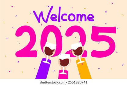 Flat Illustration of Groups Celebrating New Year's Eve. Welcoming New Year 2025.