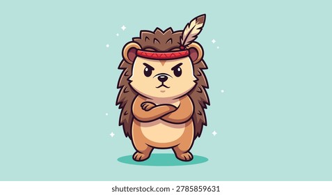 A flat illustration of a grumpy little hedgehog wearing a red headband with a feather and standing in a defiant pose with crossed arms
