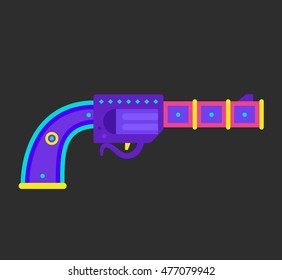 Flat illustration. Gun isolated on dark gray and decorated with digital shapes.