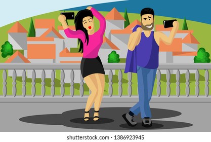 Flat illustration of a guy and a girl take a selfie, on the background of the city.