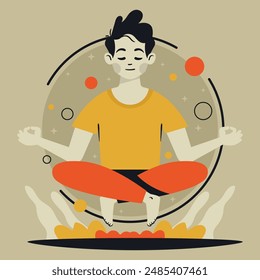 Flat illustration with a guy in the lotus position meditating. Illustration of a man immersed in meditation.