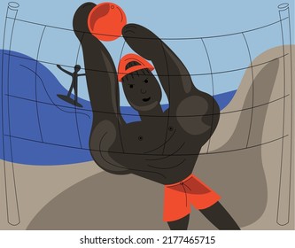 Flat illustration of a guy in red shorts and a red cap who plays volleyball on the beach. In the background is a dark silhouette of a surfer.