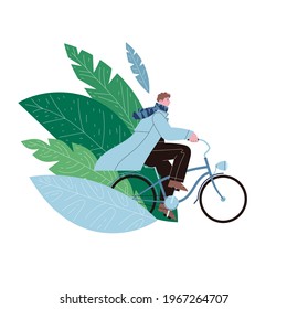 Ilustración plana de un hombre con una bata montando una bicicleta de crucero vintage en el fondo del follaje