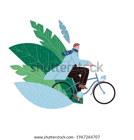 Flat illustration of a guy wearing a coat riding vintage cruiser bicycle on the foliage background
