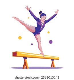 A flat illustration of a gymnast balancing on a wooden log 
