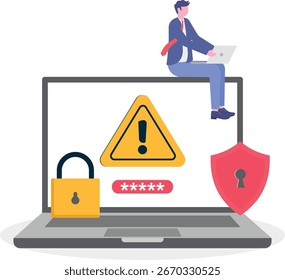 Ilustração plana da tentativa de violação por um hacker enquanto o sistema de segurança bloqueia o acesso com alerta vermelho