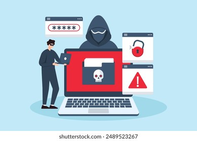 Ilustración plana de un hacker eludiendo las medidas de seguridad, prevención de ransomware y defensa de ciberseguridad