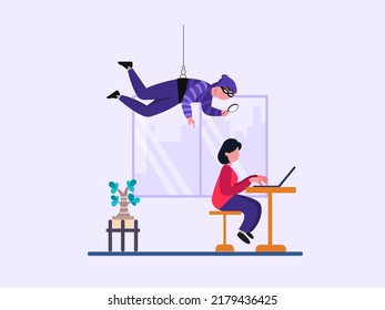 Flat illustration, hacker concept, cybercrime, threat, spam, malware, internet attack, firewall, protection, hacking.