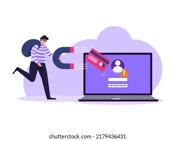 Flat illustration, hacker concept, cybercrime, threat, spam, malware, internet attack, firewall, protection, hacking.
