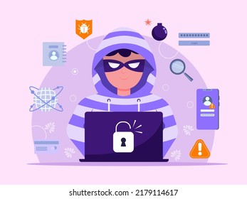 Flat illustration. Hacker identity theft concept. Crime, spam, spyware that unlocks computer security. can access the account code.