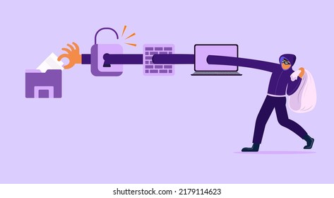 Flat illustration. Hacker identity theft concept. Crime, spam, spyware that unlocks computer security. can access the account code.