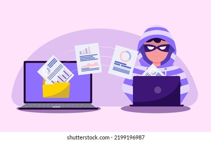 Flat illustration. Hacker identity theft concept. Crime, spam, spyware that unlocks computer security. can access the account code.