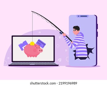Flat illustration. Hacker identity theft concept. Crime, spam, spyware that unlocks computer security. can access the account code.