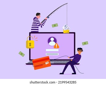 Flat illustration. Hacker identity theft concept. Crime, spam, spyware that unlocks computer security. can access the account code.
