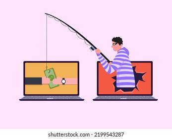 Flat illustration. Hacker identity theft concept. Crime, spam, spyware that unlocks computer security. can access the account code.