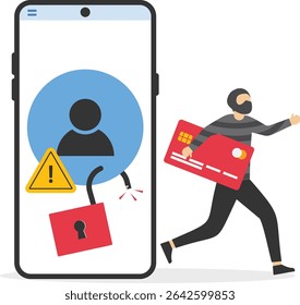 Flat illustration. Hacker identity theft concept. Crime, spam, spyware that unlocks computer security. can access the account code. stock illustration

