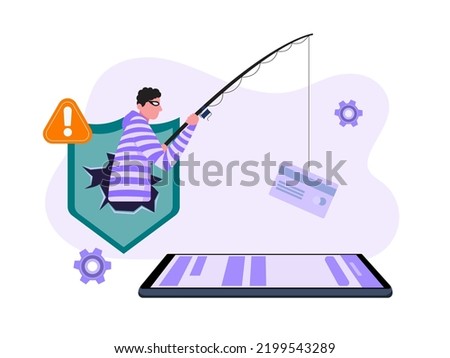 Flat illustration. Hacker identity theft concept. Crime, spam, spyware that unlocks computer security. can access the account code.