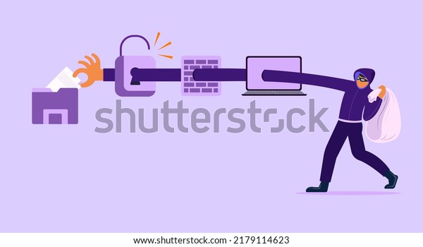 Flat illustration. Hacker identity theft concept.\
Crime, spam, spyware that unlocks computer security. can access the\
account code.