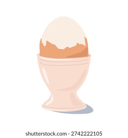 Flat illustration of half peeled boiled chicken egg in egg cup. A prepared breakfast food item.