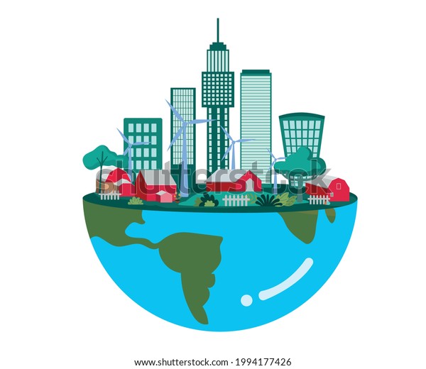 Flat Illustration Half World City Green Stock Vector (Royalty Free