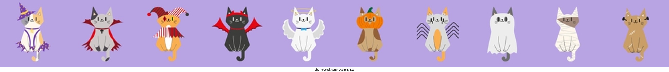 Flat illustration for Halloween, cats in festive costumes