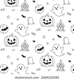 Flat illustration of Halloween elements including pumpkins, ghosts, bats, and candy, arranged in a whimsical pattern, perfect for festive designs