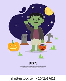 Flat illustration, Halloween with frankenstein monster for design web, app, infographic, print, etc