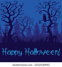 Flat illustration for Halloween night scene silhouette landscape with spooky trees, firs, cross, grass, owl on tree and inscription