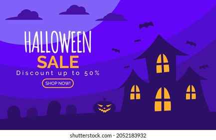 Flat illustration Halloween sale banner with haunted house, graveyard, and pumpkin
