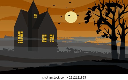 Flat illustration of Halloween scary house. Hand-drawn vector illustration.