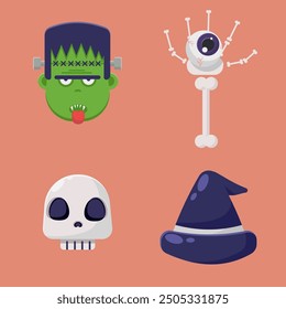 Flat illustration halloween set ornament, bone, eye, and frankenstein