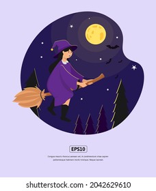 Flat illustration, Halloween with Witch flying broom for design web, app, infographic, print, etc