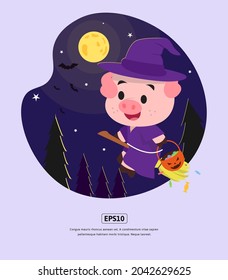 Flat illustration, Halloween with Witch flying broom, for design web, app, infographic, print, etc