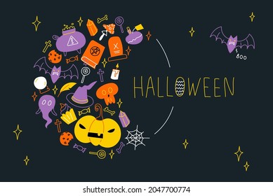 A flat illustration for Halloween. Yellow lines on a black background. The inscription is halloween and boo. Pumpkin, bat, candy, skull, magic items, candle.