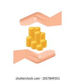 Ilustración plana con monedas de mano. Icono vectorial del sitio web. Concepto de negocio.