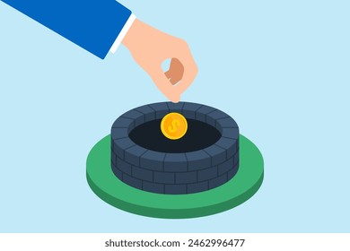 Flat illustration of hand dropping coin into well depth and potential of investments finance