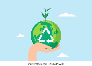 Ilustração plana de mão segurar globo de terra verde com símbolo de reciclagem sustentabilidade energia renovável esforço salvar mundo mudança climática aquecimento global ambiental seguro