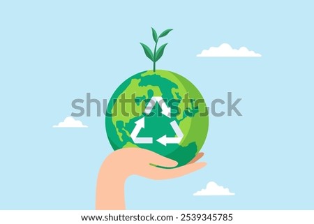 Flat illustration of hand hold green earth globe with recycle symbol sustainability renewable energy effort save world climate change global warming environmental safe