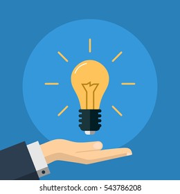 Flat Illustration Of A Hand Holding An Idea Light Bulb. Business Design Concept