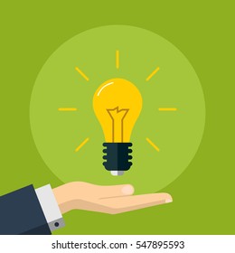 Flat Illustration of a Hand Holding an Idea Light Bulb. Business Design Concept