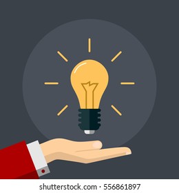 Flat Illustration of a Hand Holding an Idea Light Bulb. Business Design Concept