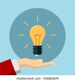 Flat Illustration of a Hand Holding an Idea Light Bulb. Business Design Concept