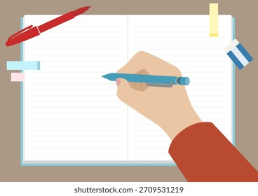 Ilustración plana: Mano sosteniendo un lápiz mecánico y un cuaderno
