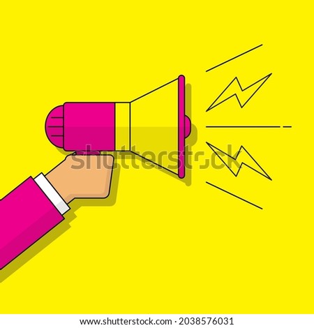 Flat illustration of hand holding megaphone with shouting effect. Announcement concept, persuasive communication concept, persuasive marketing concept.