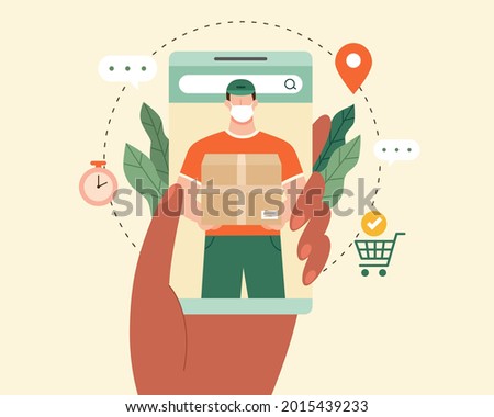 Flat illustration of hand holding mobile phone with delivery tracking app and courier with face mask delivering a parcel.