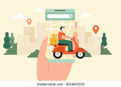 Flat illustration of hand holding a phone and courier with face mask riding scooter. Delivery service with GPS guide in mobile app.