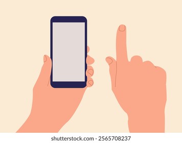 Flat illustration with hand holding phone and hand with index finger up