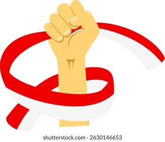 A flat illustration of a hand holding a ribbon in the colors of the Indonesian flag, representing freedom and national pride. Perfect for design projects related to Indonesia's independence, patriotis